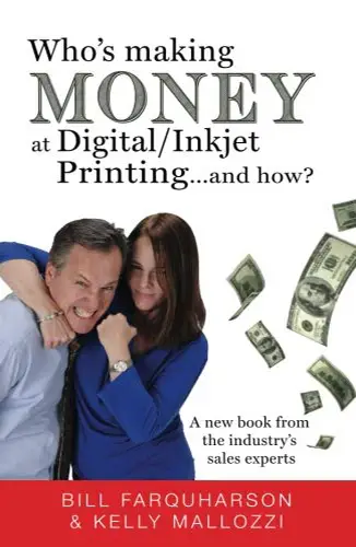 White cover featuring smiling sales duo clutching collateral as dollar bills float, title on top in serif/sans mix about digital printing profits.