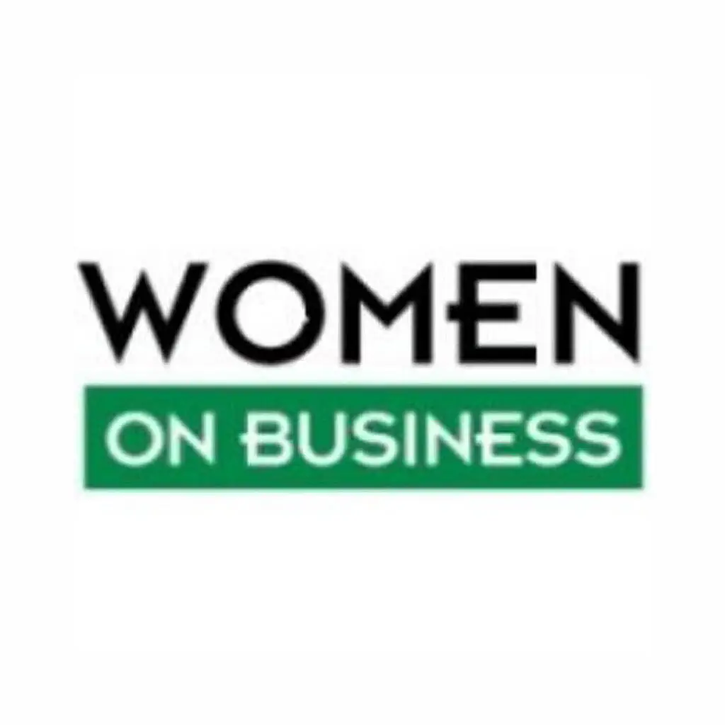 Black uppercase word “WOMEN” above green rectangle containing reversed white words “ON BUSINESS” on white background.