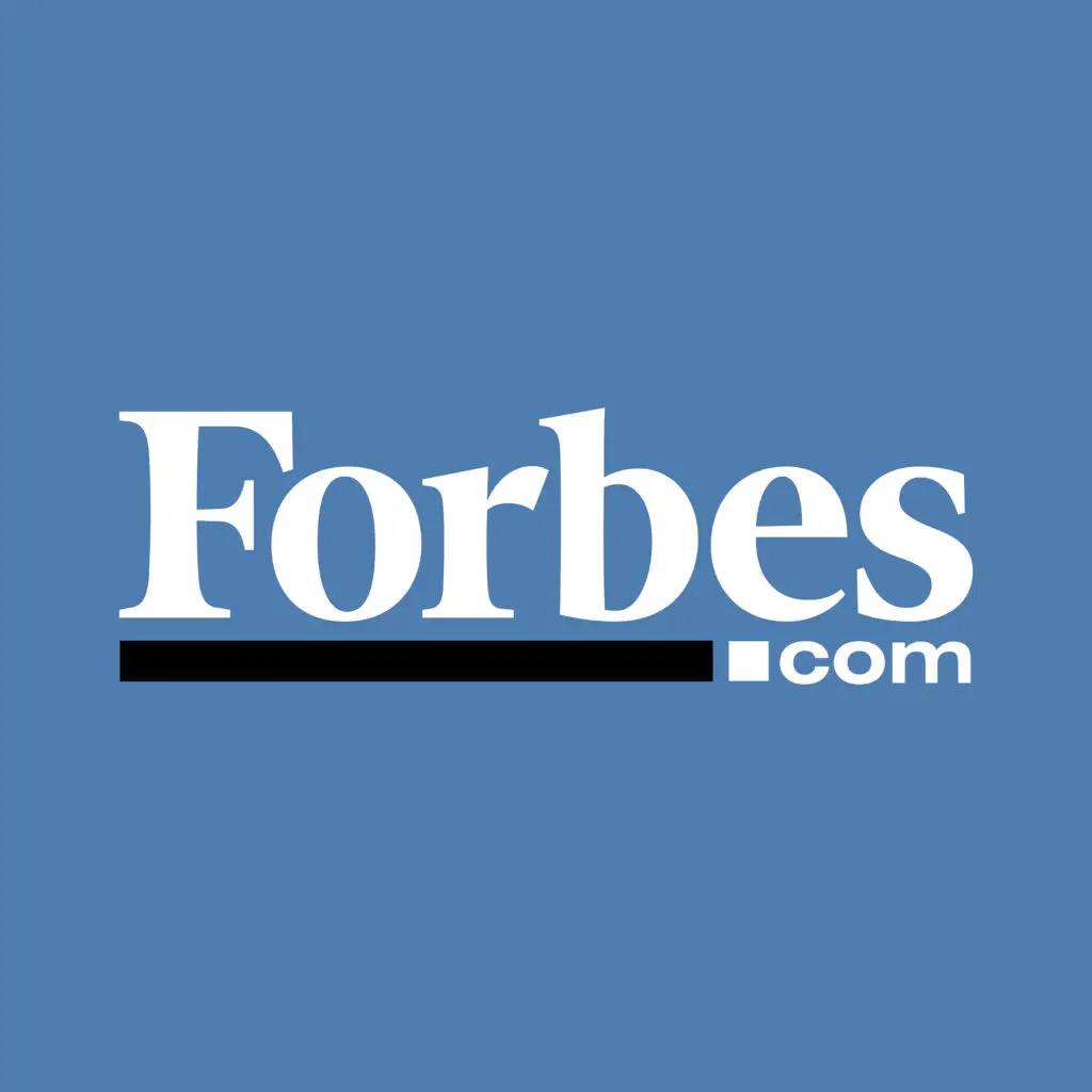 Classic white “Forbes” serif logotype on blue background with black underline and “.com” suffix.