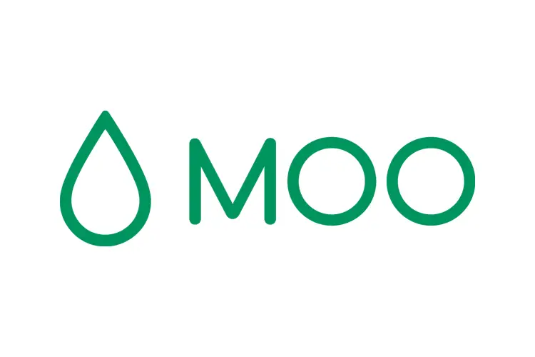 MOO logo in green with minimalist water drop design