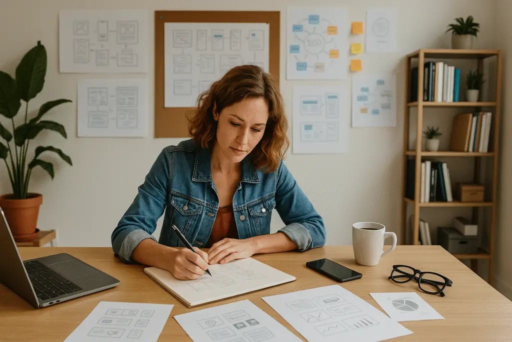 Female designer sketching website wireframes and user flows at a desk, surrounded by charts, notes, and a laptop in a creative design studio workspace.
