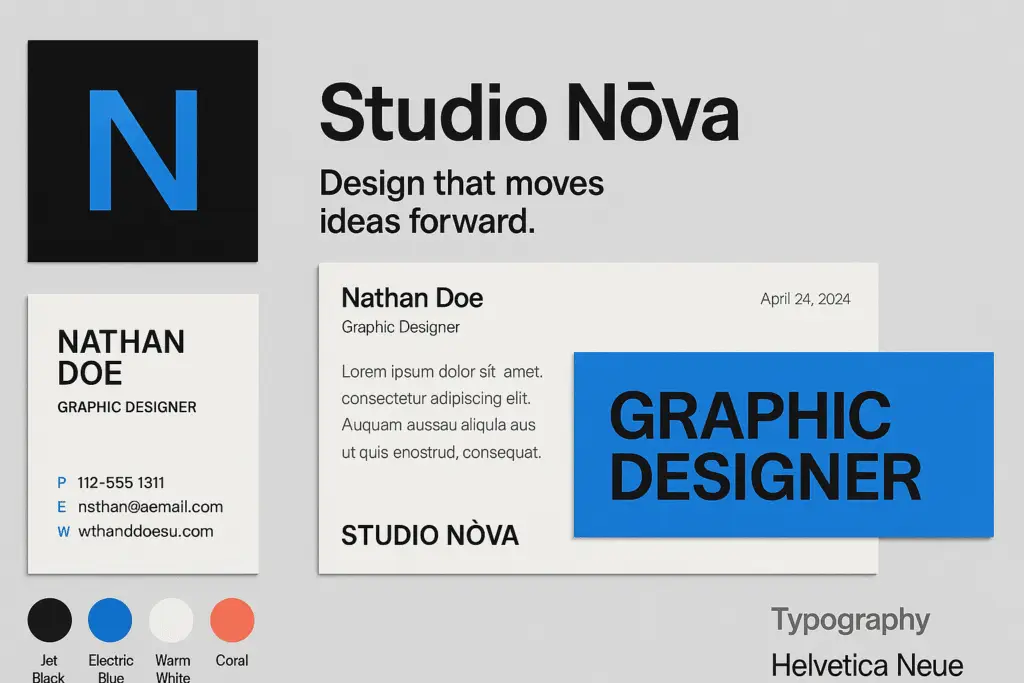 Flat-lay visual identity layout showing logo, business card, color palette, and typography for a graphic designer at Studio Nōva.