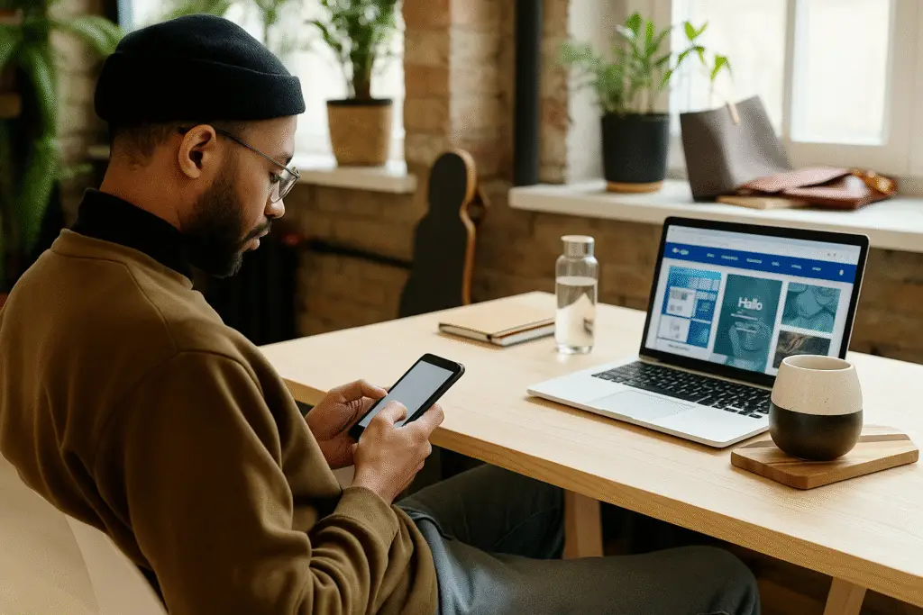 Creative design entrepreneur using a smartphone while sitting at a desk with a laptop open to a web design interface in a stylish home design studio office.
