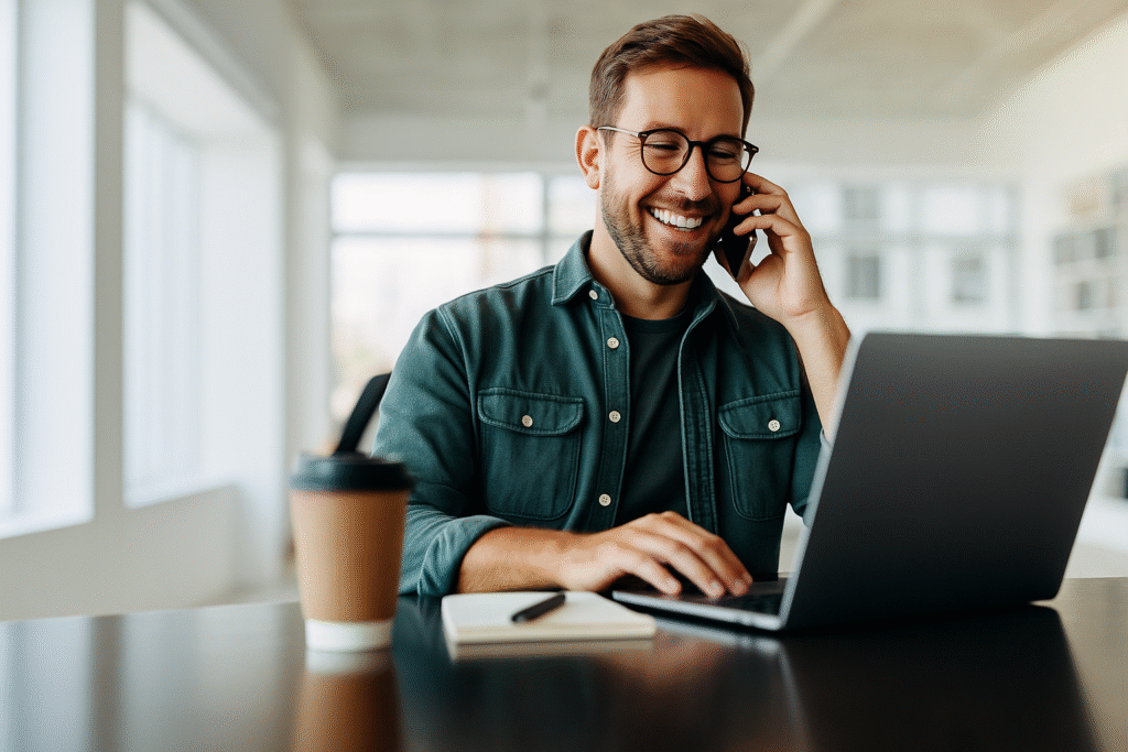 Smiling male freelance design entrepreneur on a smartphone call while working on a laptop in a well-lit design studio with a coffee cup and notepad.