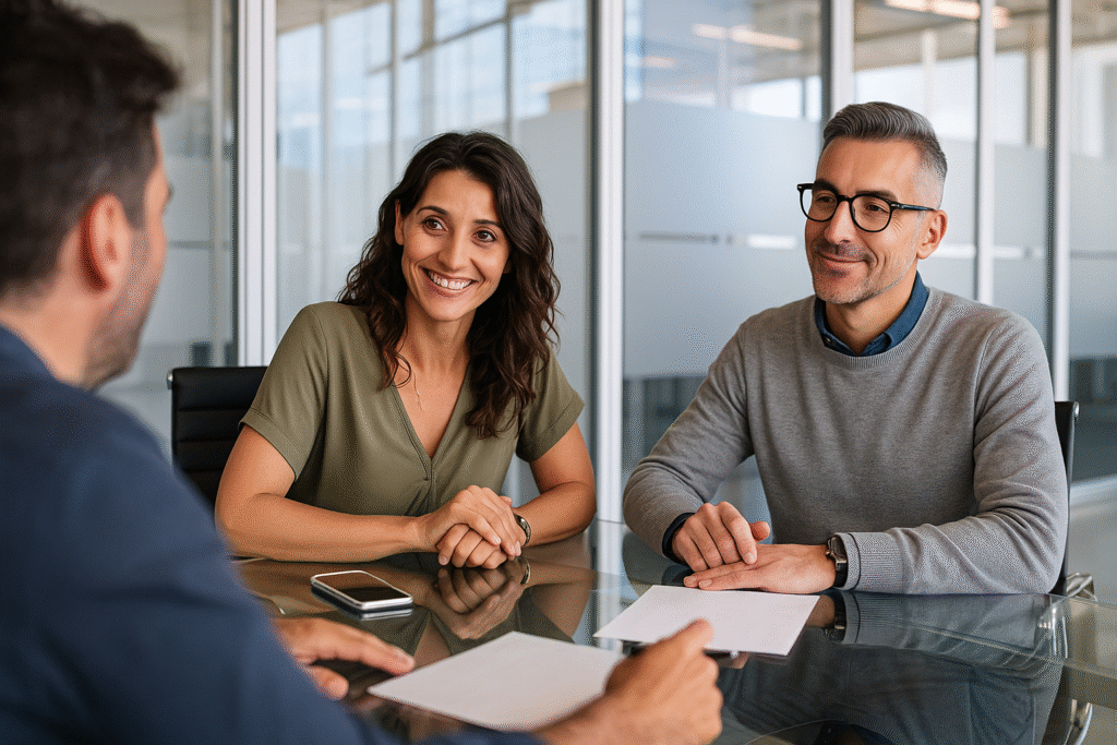 Professional design entrepreneurs smiling during a legal consultation with a design business lawyer across a glass table in a modern office setting.