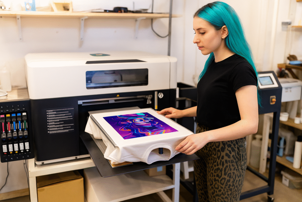 Design entrepreneur woman with blue hair printing vibrant artwork on a white t-shirt using a direct-to-garment printer.