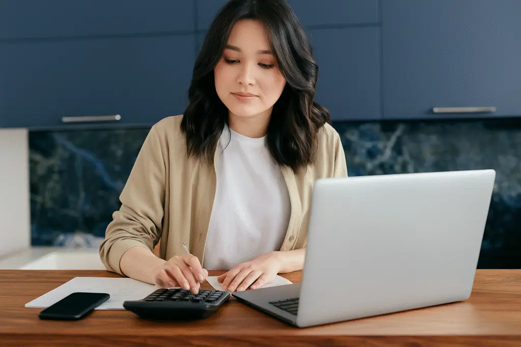 Asian design entrepreneur woman calculating design services finances using a laptop and calculator at a wooden table.