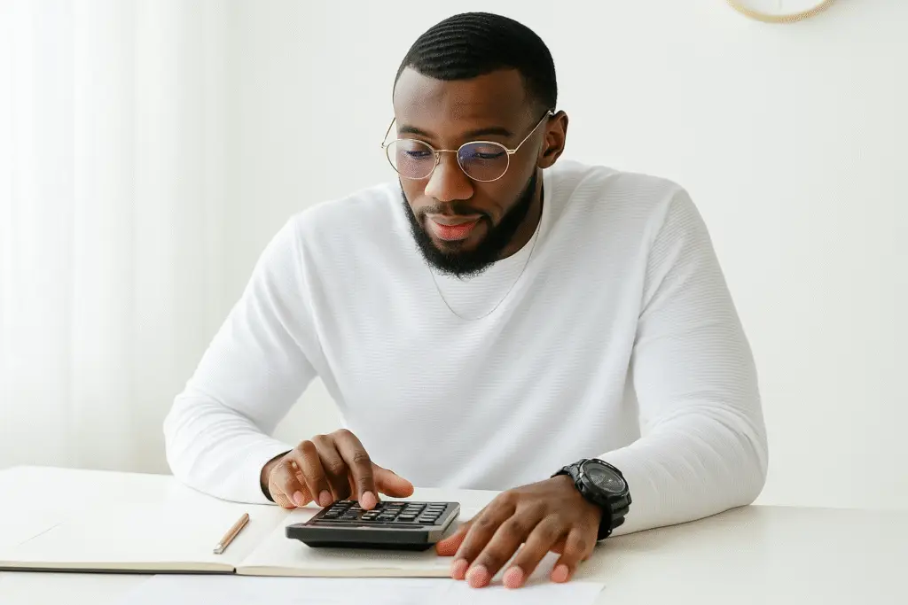 Young Black design entrepreneur using a calculator and reviewing design business finances at a white desk.