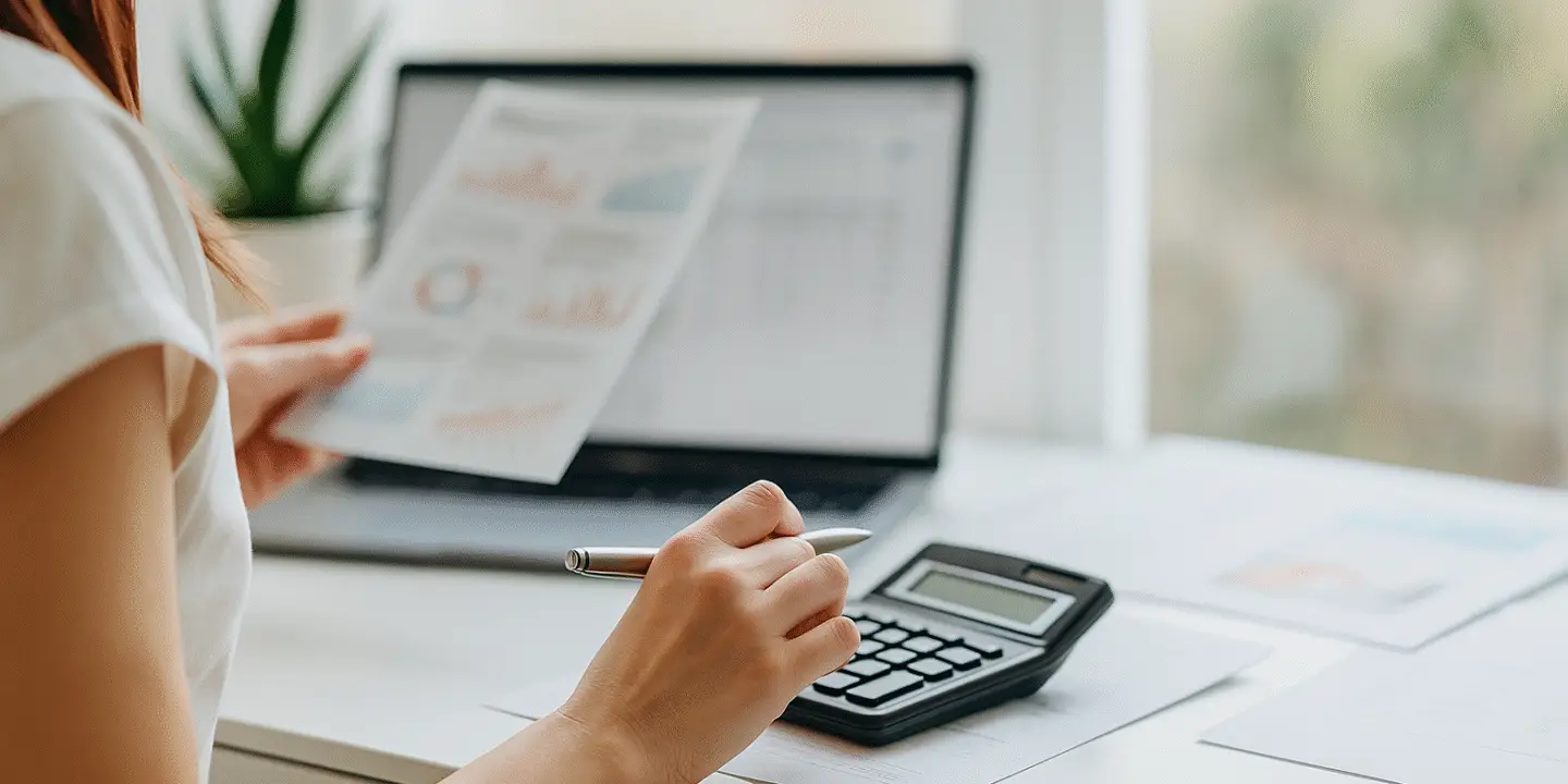 Design entrepreneur woman holding printed analytics and using a calculator at a desk with a laptop.