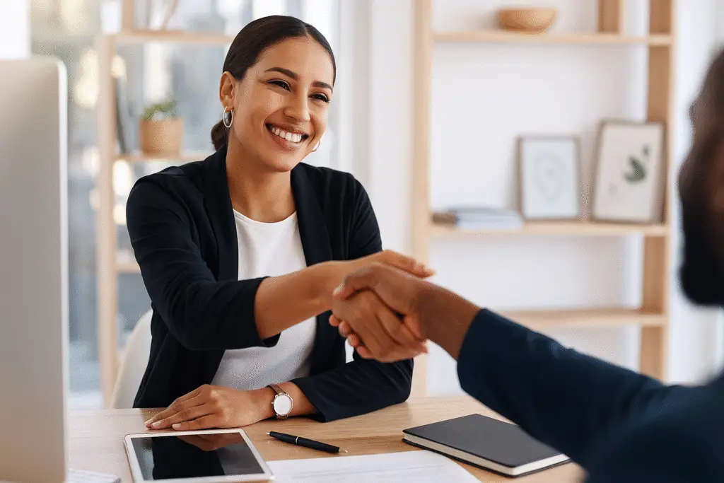 Professional hispanic design entrepreneur woman smiling and shaking hands with a design client across a desk.