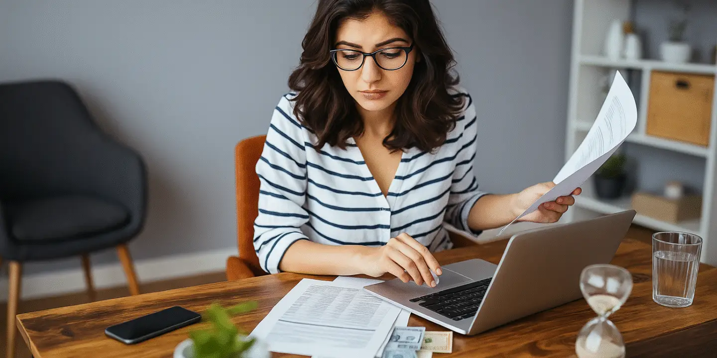 Thoughtful young design entrepreneur woman reviews financial documents and manages money using a laptop at home.