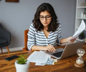 Thoughtful young design entrepreneur woman reviews financial documents and manages money using a laptop at home.