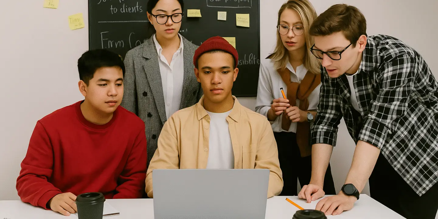Group of young design professionals analyzing project plans on a laptop surrounded by notes and coffee