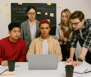 Group of young design professionals analyzing project plans on a laptop surrounded by notes and coffee