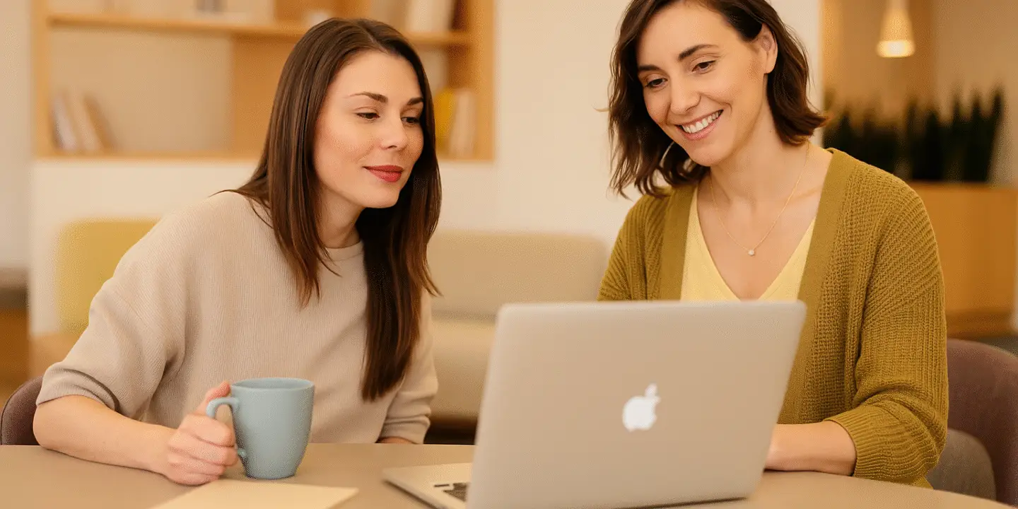 Design entrepreneur woman smiling while reviewing content on a laptop during a design client meeting.