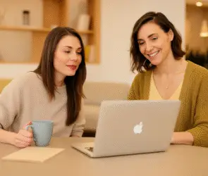 Design entrepreneur woman smiling while reviewing content on a laptop during a design client meeting.