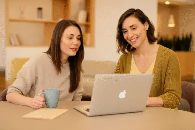 Design entrepreneur woman smiling while reviewing content on a laptop during a design client meeting.