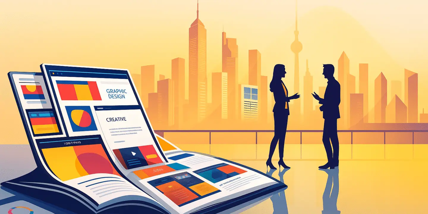 Conceptual illustration for marketing strategies to grow your Design Business with a website layout with design business entrepreneurs discussing strategy in a modern cityscape.