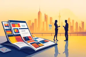 Conceptual illustration for marketing strategies to grow your Design Business with a website layout with design business entrepreneurs discussing strategy in a modern cityscape.