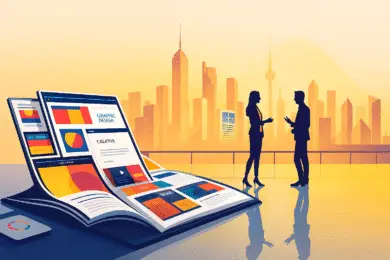 Conceptual illustration for marketing strategies to grow your Design Business with a website layout with design business entrepreneurs discussing strategy in a modern cityscape.