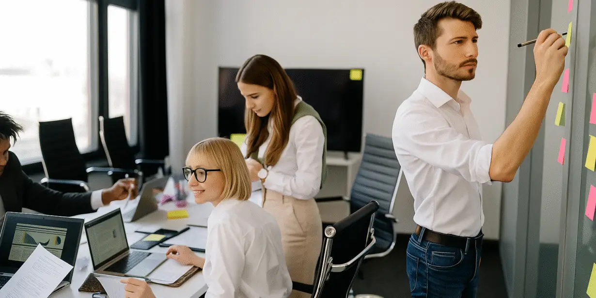 Design entrepreneur collaborating with team in growth mindset for the design business in a modern design studio office with laptops, documents, and sticky notes on a wall