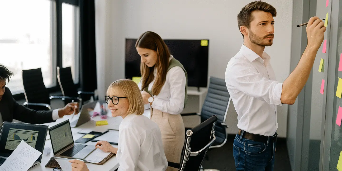 Design entrepreneur collaborating with team in growth mindset for the design business in a modern design studio office with laptops, documents, and sticky notes on a wall