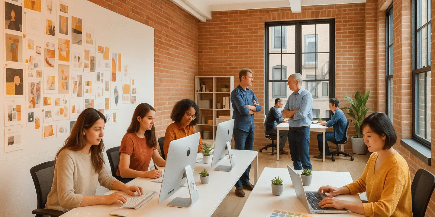 Creative team of diverse designers collaborating in a brick-walled studio, working on digital and print projects for their independent design businesses.