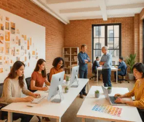 Creative team of diverse designers collaborating in a brick-walled studio, working on digital and print projects for their independent design businesses.