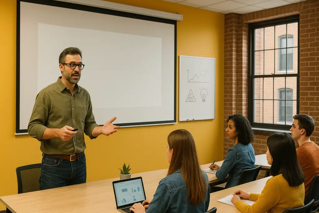 Male instructor presenting design business strategies to a diverse group of students in a design entrepreneurship classroom setting.