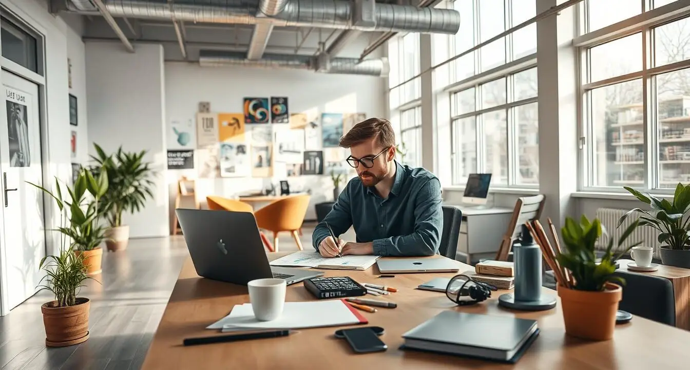Male designer working alone in a bright, modern design studio filled with design tools, charts, and creative references.