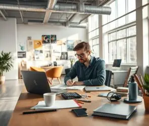Male designer working alone in a bright, modern design studio filled with design tools, charts, and creative references.