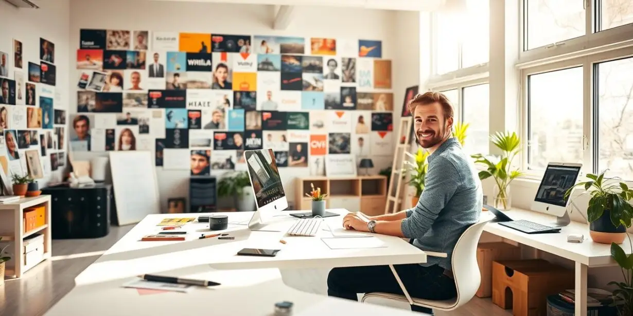 Smiling designer sitting at a desk in a bright studio space filled with brand mood boards and creative inspiration materials.