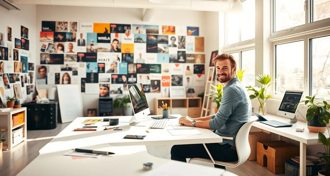 Smiling designer sitting at a desk in a bright studio space filled with brand mood boards and creative inspiration materials.