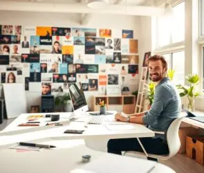 Smiling designer sitting at a desk in a bright studio space filled with brand mood boards and creative inspiration materials.