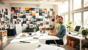Smiling designer sitting at a desk in a bright studio space filled with brand mood boards and creative inspiration materials.