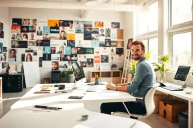 Smiling designer sitting at a desk in a bright studio space filled with brand mood boards and creative inspiration materials.