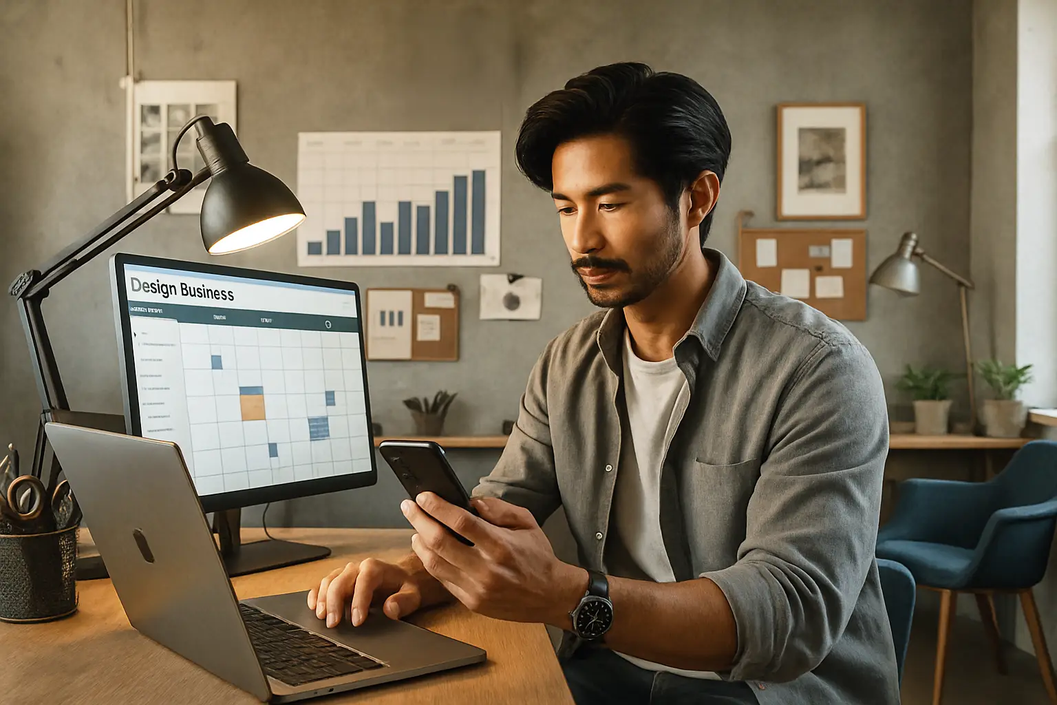 A clean, professional photo-style image representing 'Design Business Management.' A South Asian male designer in his 30s is reviewing the project timeline.