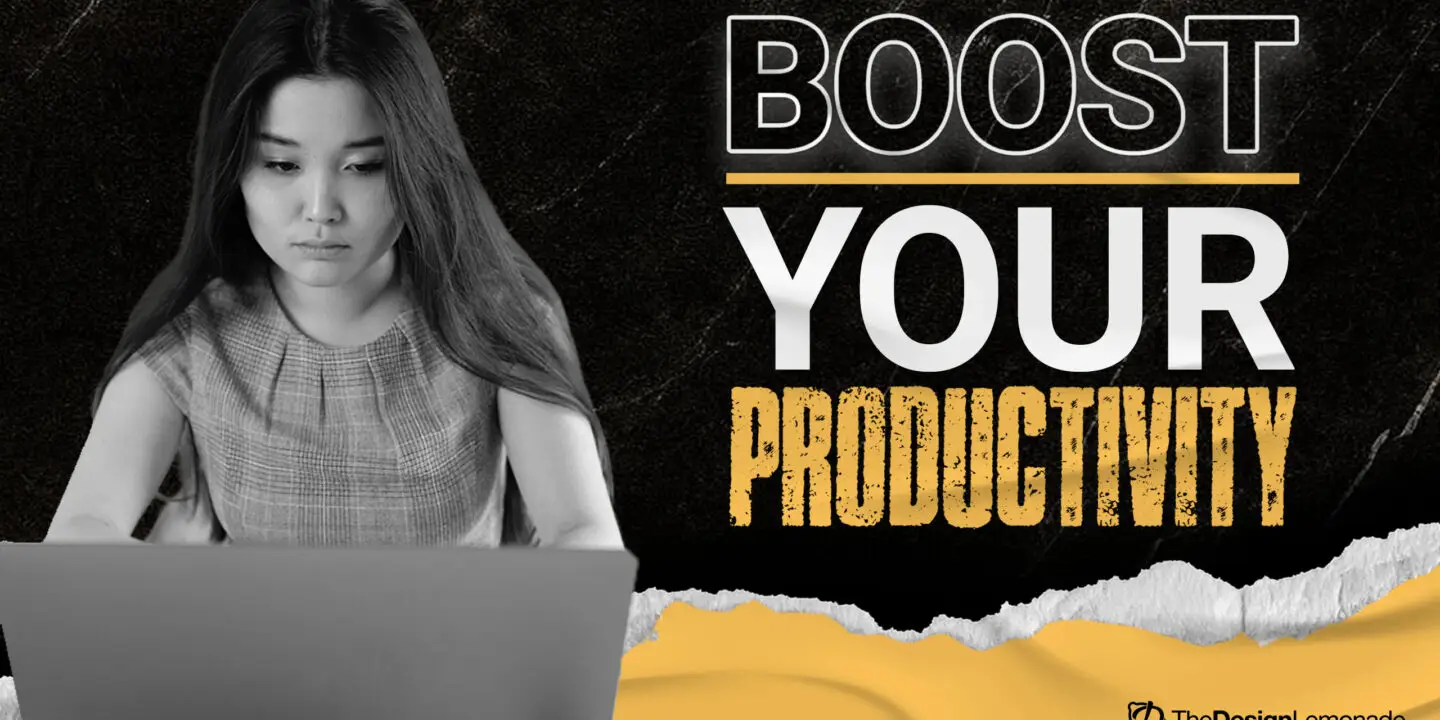 Focused female design entrepreneur working on a laptop with text overlay "Boost Your Productivity"