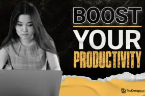 Focused female design entrepreneur working on a laptop with text overlay "Boost Your Productivity"