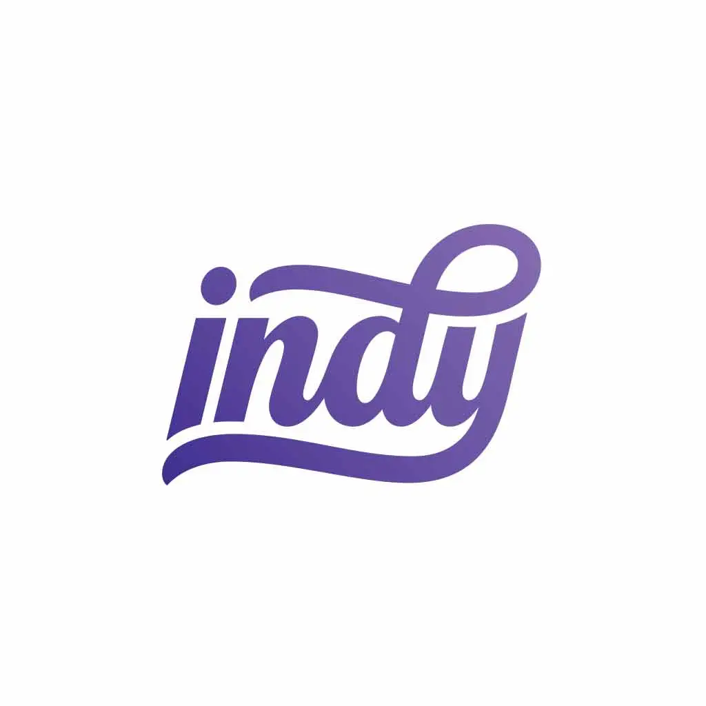 Indy logo in a modern purple gradient script font, representing creativity, design, and entrepreneurship.