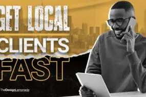 Professional design entrepreneur man on phone with a client, representing local client acquisition for design businesses.