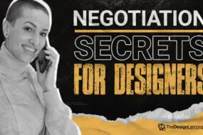 Confident female creative talking on the phone with a smile, next to text that reads “How to Negotiate Higher Project Rates With Design Clients” on a modern yellow and black background.