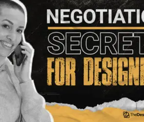 Confident female creative talking on the phone with a smile, next to text that reads “How to Negotiate Higher Project Rates With Design Clients” on a modern yellow and black background.