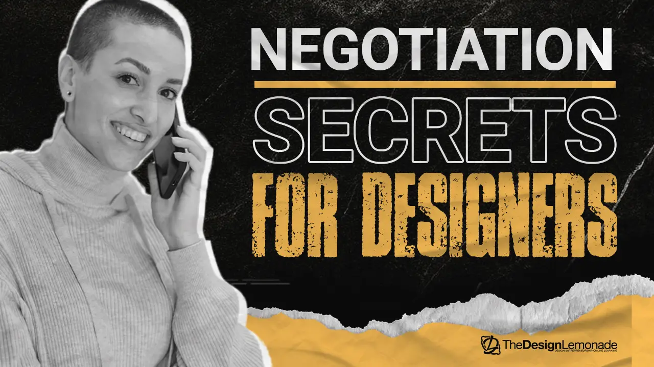 Confident female creative talking on the phone with a smile, next to text that reads “How to Negotiate Higher Project Rates With Design Clients” on a modern yellow and black background.