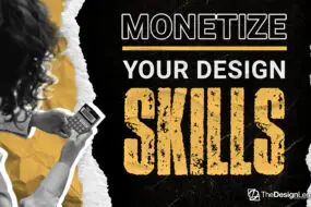 Design entrepreneur using a calculator next to bold text that says "Monetize Your Design Skills" with TheDesignLemonade branding