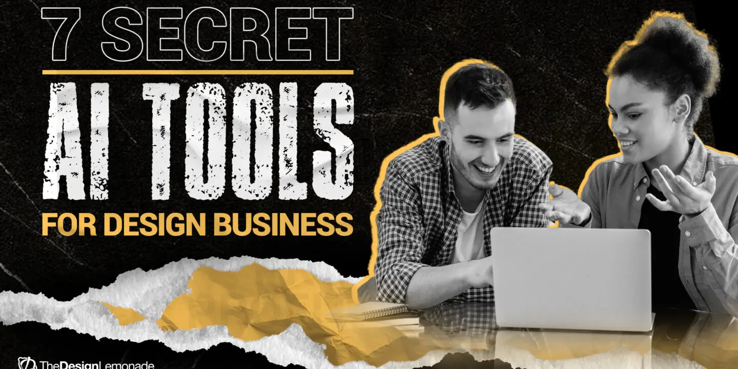 Two design entrepreneur professionals discussing AI tools while working on a laptop, promoting seven secret AI tools for design businesses.