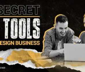 Two design entrepreneur professionals discussing AI tools while working on a laptop, promoting seven secret AI tools for design businesses.