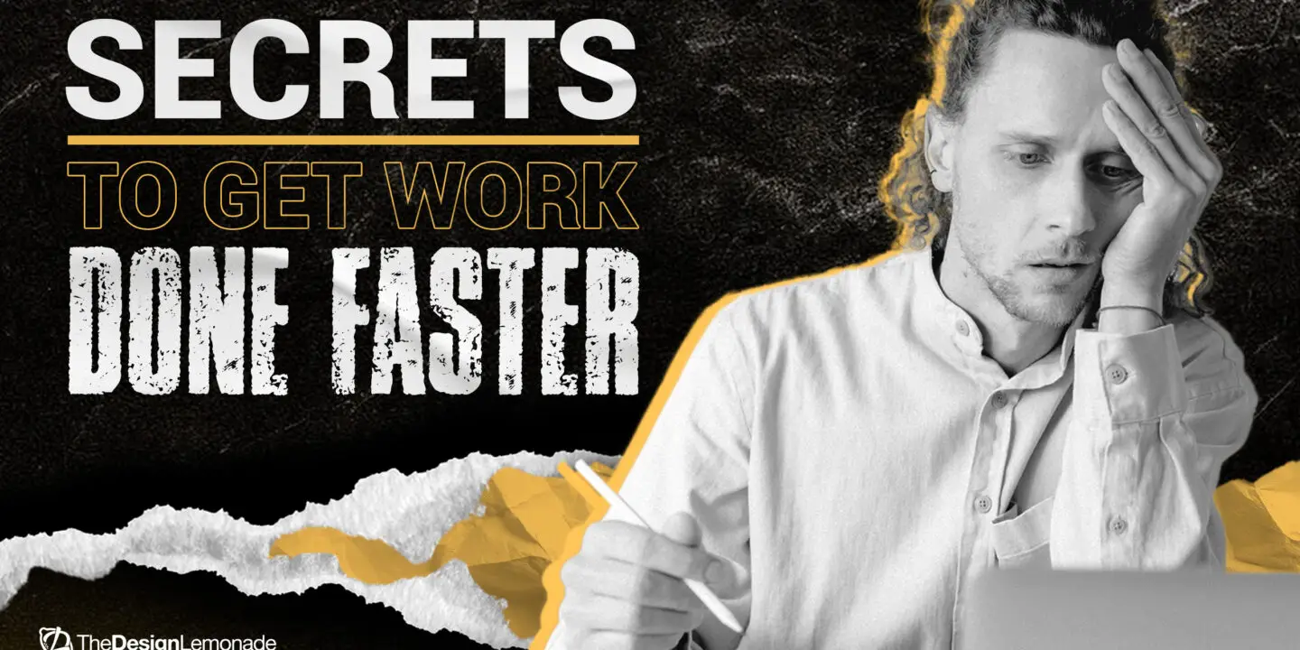 Stressed design entrepreneur holding his head while working on a digital tablet, paired with bold text promoting secrets to boost productivity and complete design work faster.