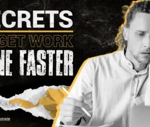 Stressed design entrepreneur holding his head while working on a digital tablet, paired with bold text promoting secrets to boost productivity and complete design work faster.