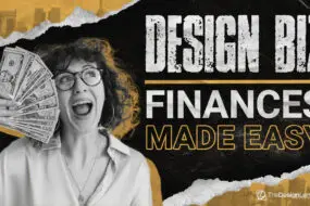 Excited design entrepreneur holding fan of U.S. dollar bills with bold text saying “Design Biz Finances Made Easy.”